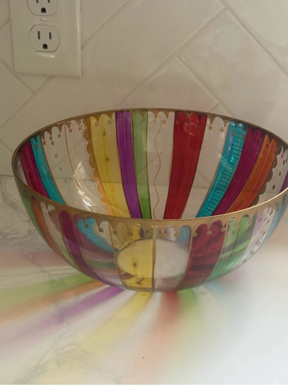 Pier 1 One Festive Stripes Glass Bowl Rainbow Hand Painted 10 Inch Serving Bowl